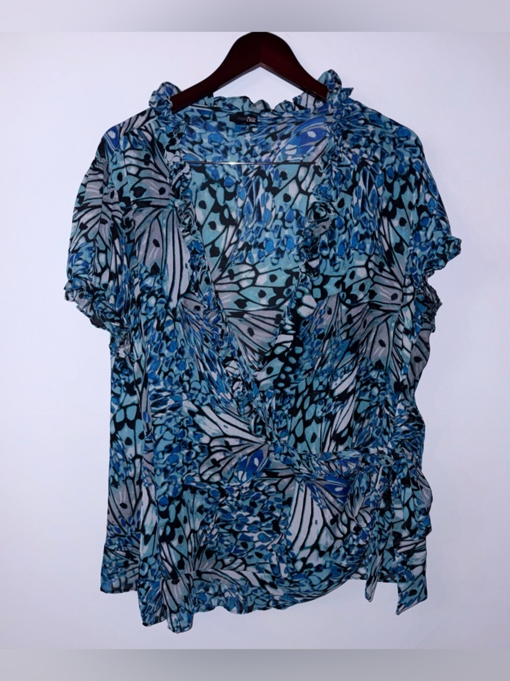 East 5th Blue Floral Wrap Blouse with Ruffle Detail
